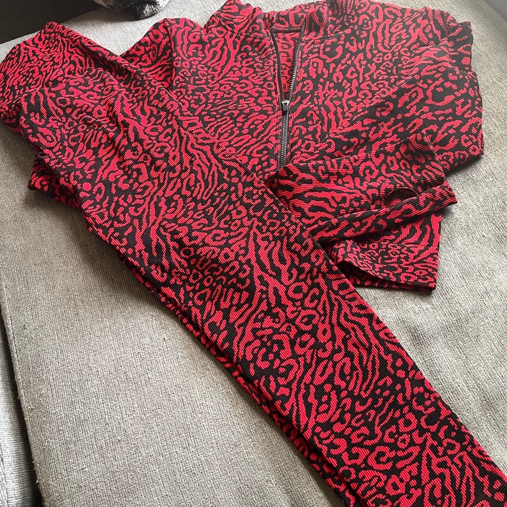 Red and Black Animal Print Jacket and Pants Set